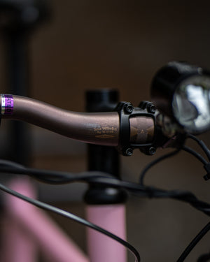 Close-up of a bicycle handlebar with a metallic bronze-colored bar, a black clamp, and a pink frame post in the background.