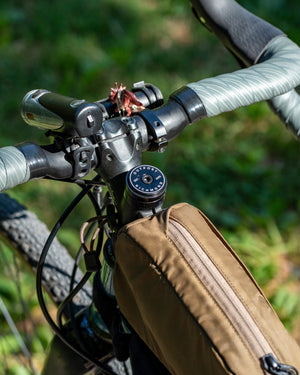 Close-up of a bicycle handlebar with a brown bag, a dino, and blurred green background
